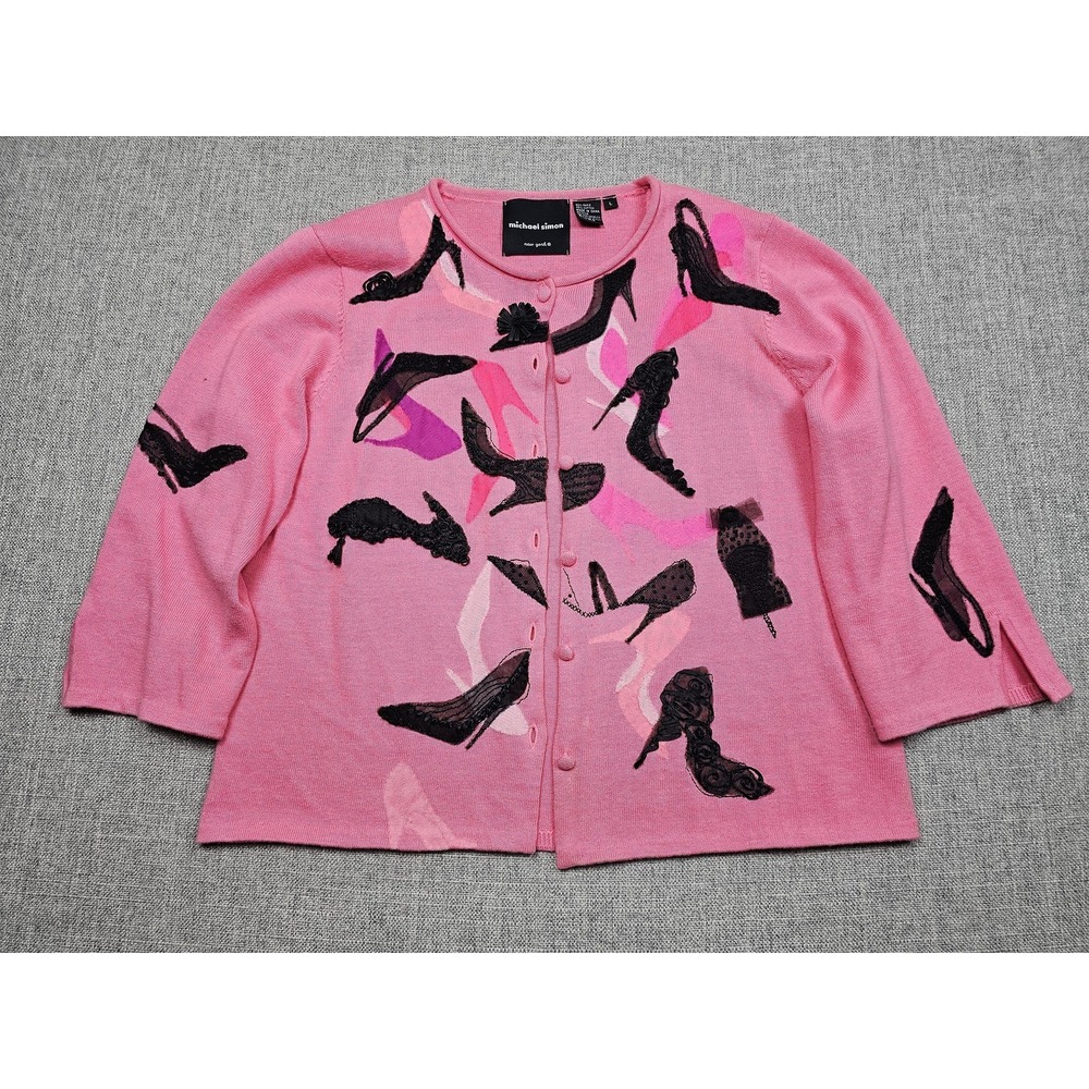VTG Michael Simon Sweater Womens Large Pink Cardigan High Heel Stilettoes Knit